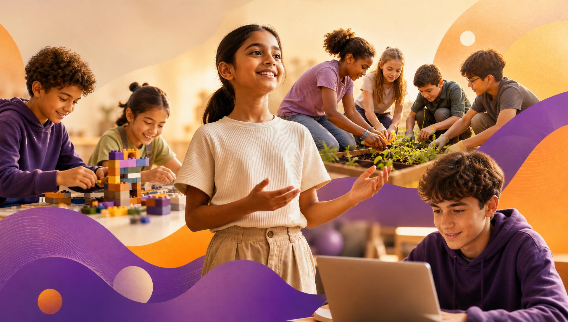 Diverse children aged 5–16 collaborating, building, presenting and learning together in an IGNITE session